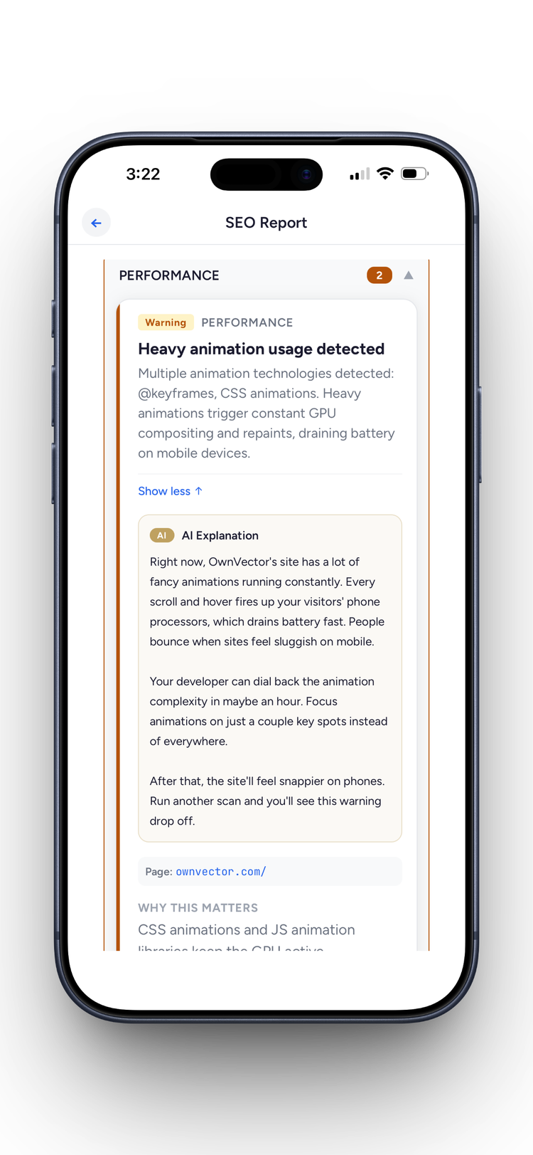 AI explanation of SEO issue with plain-English fix instructions