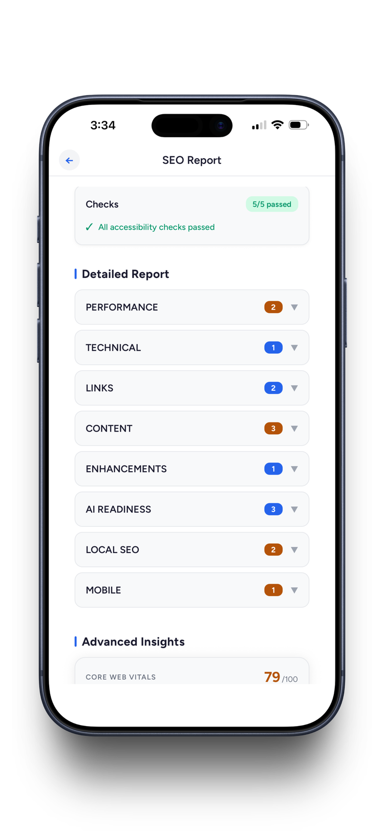 Detailed SEO report with categories: Performance, Technical, Links, Content, AI Readiness