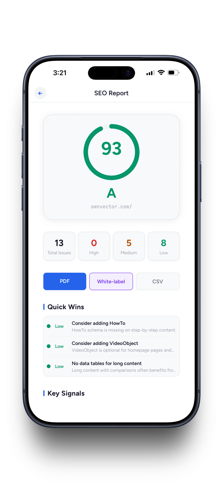 OwnVector SEO score 93/A with issue breakdown and Quick Wins